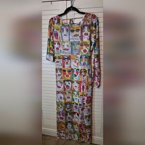 Betsey Johnson Colorful Pop Art Faces Long Sleeve Maxi Dress